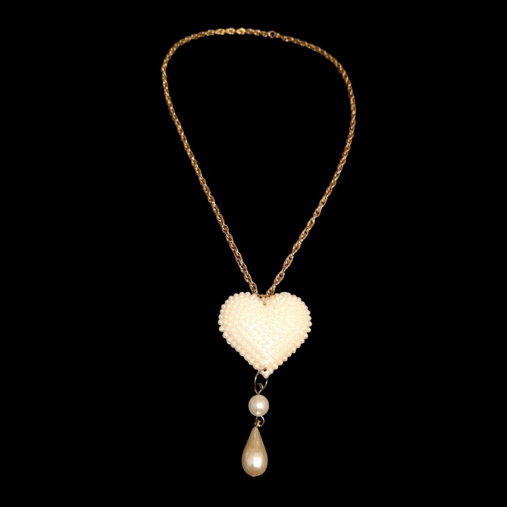 Vintage Silvestri Heart Pendant Necklace Faux Pearl White Gold Tone Upcycled